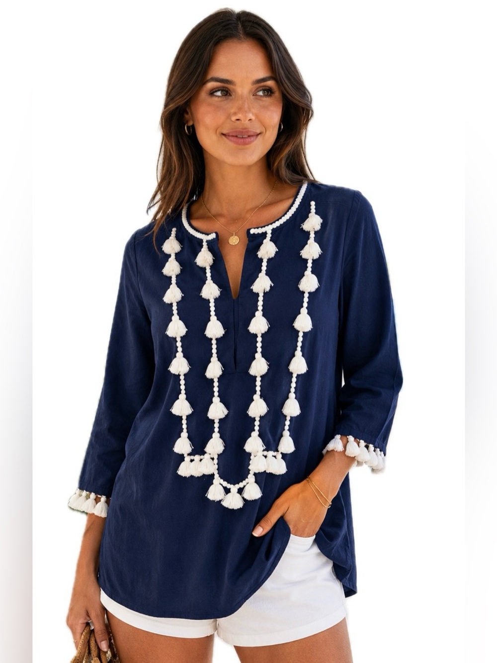 Figue Navy Blue Tassel Tunic XS Embroidered Boho Resort Beach Cover Up